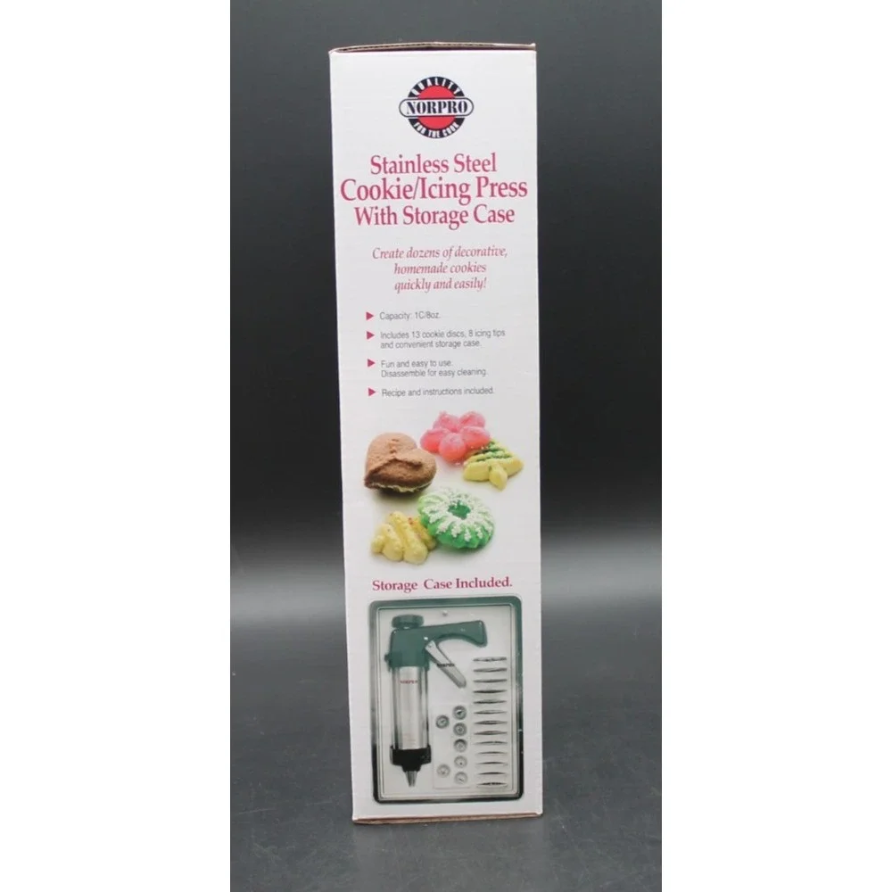 Norpro Stainless Steel Cookie Press & Icing Set Storage Case 13 Discs 8 Tips NIB